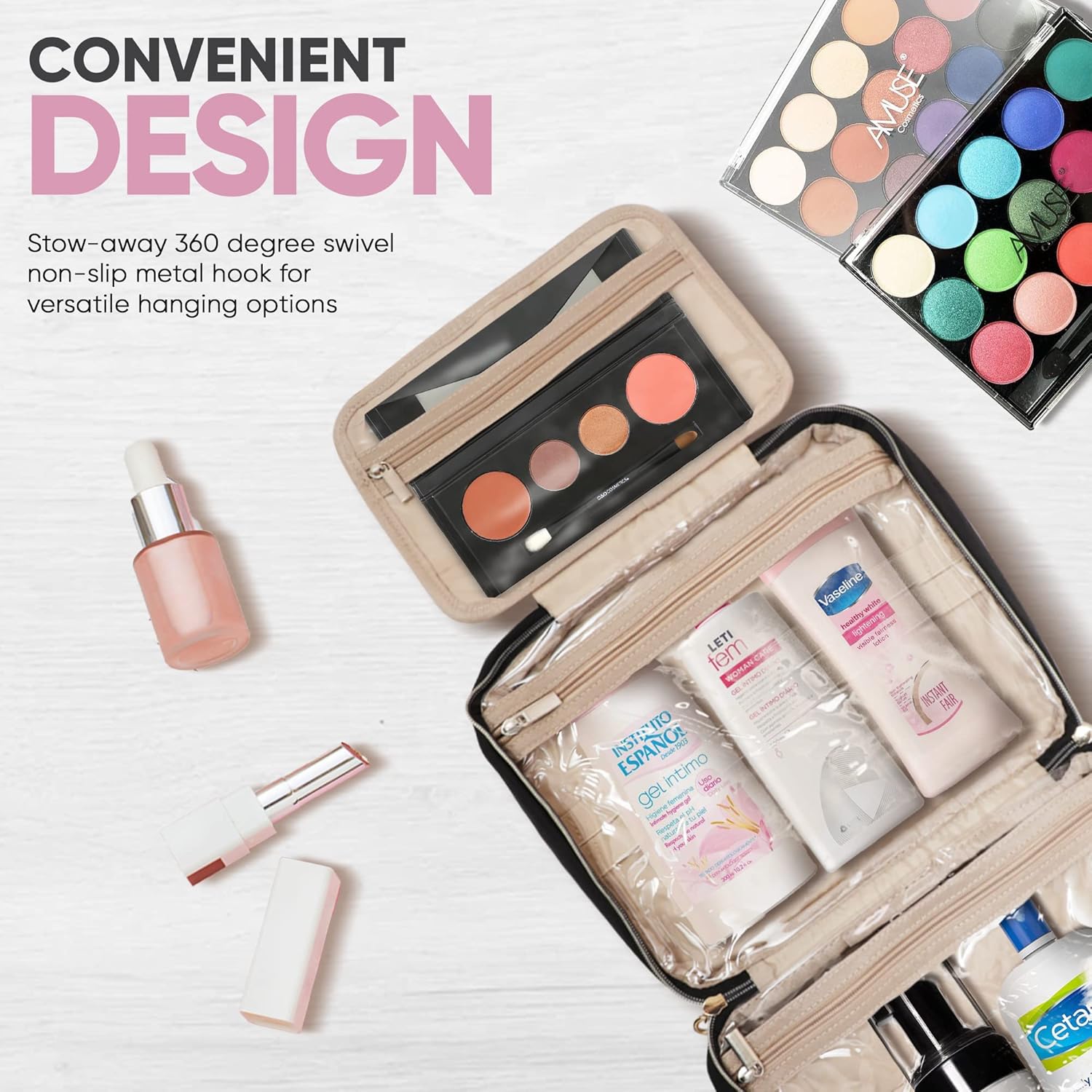 Pink Marine Travel Hanging Toiletry Bag for Women and Men, Luxury Cosmetics and Makeup Organizer with Full-Size Pockets, Waterproof Exterior, Hands-Free Hook, (Black, Large) - Image 5