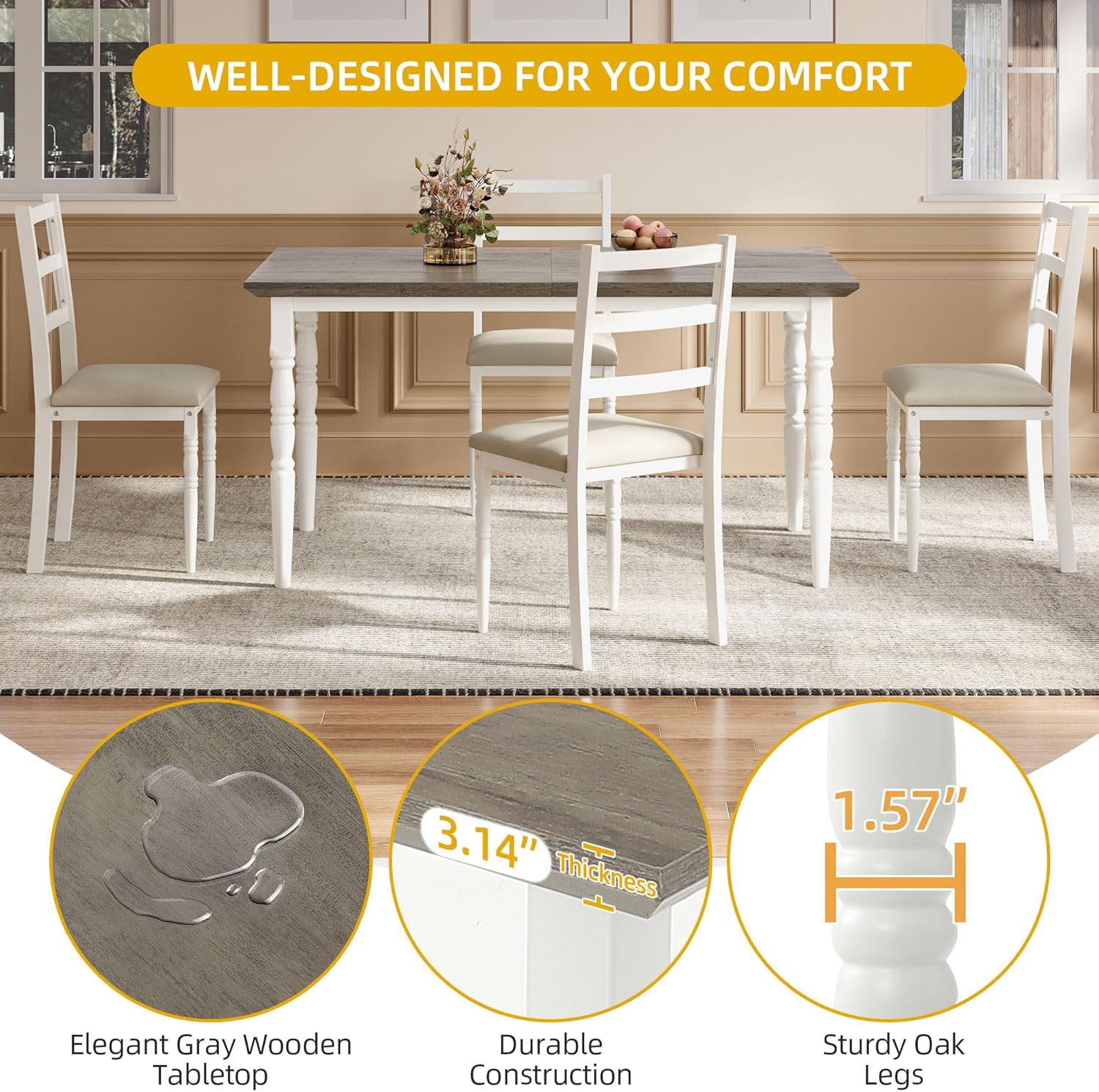 DWVO 5 Piece Dining Table Set with Upholstered Chairs Kitchen Table and Chairs for 4 People Rectangular Modern Dinner Table Set with Roman Column Style for Dining Room Kitchen Small Spaces Grey - Image 2