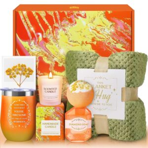 Get Well Gifts for Women, Self Care Gifts for Women, Orange Relaxing Spa Basket with Luxury Flannel Blanket, Unique Feel Better Thanksgiving Gifts for Mom Her Sister Wife Girlfriend Grandma