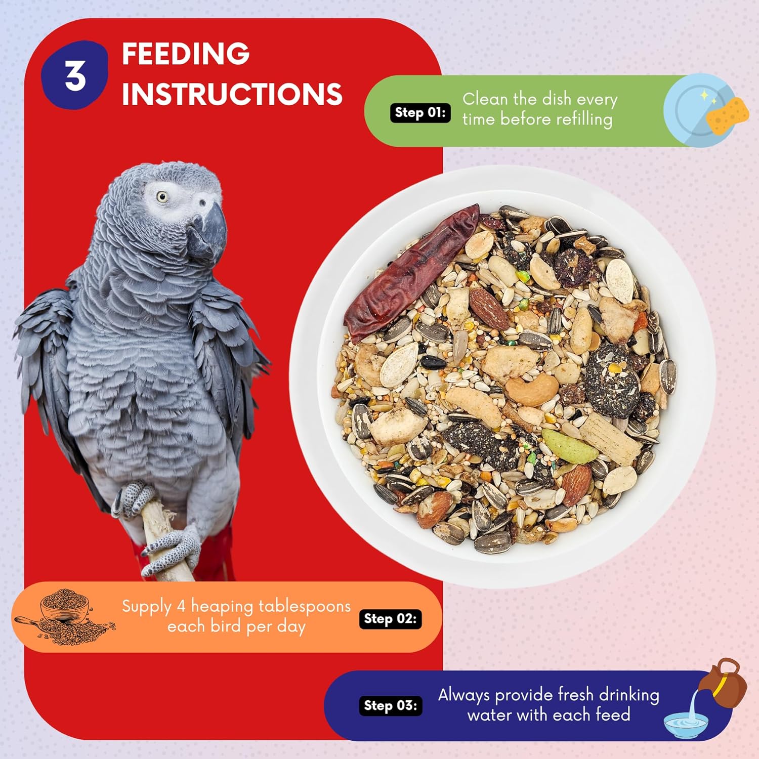 ABBA 1400 Premium Bird Food for African Grey, Conure, and Senegal Parrot, Bird Seed Blend with Whole Eggs, Fruits and Nuts - Packed with Protein, Vitamins & Minerals, 5 lbs - Image 2