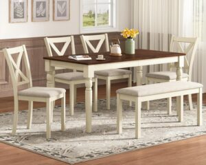 AMERLIFE 6-Piece Farmhouse Dining Table Set, 60” Solid Wood Table, 4 Upholstered Chairs and Bench, Rustic White and Walnut Finish, Seating for 6, for Kitchen or Dining Room