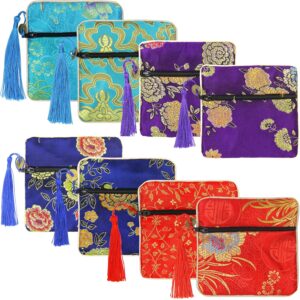 PINOWU 8pcs Silk Brocade Jewelry Bags with Zipper (11.5×11.5cm), Jewellery Silk Purse Pouch Gift Bags for Women Coins Traveling Jewelry Rolls Wedding Birthday Party Favors