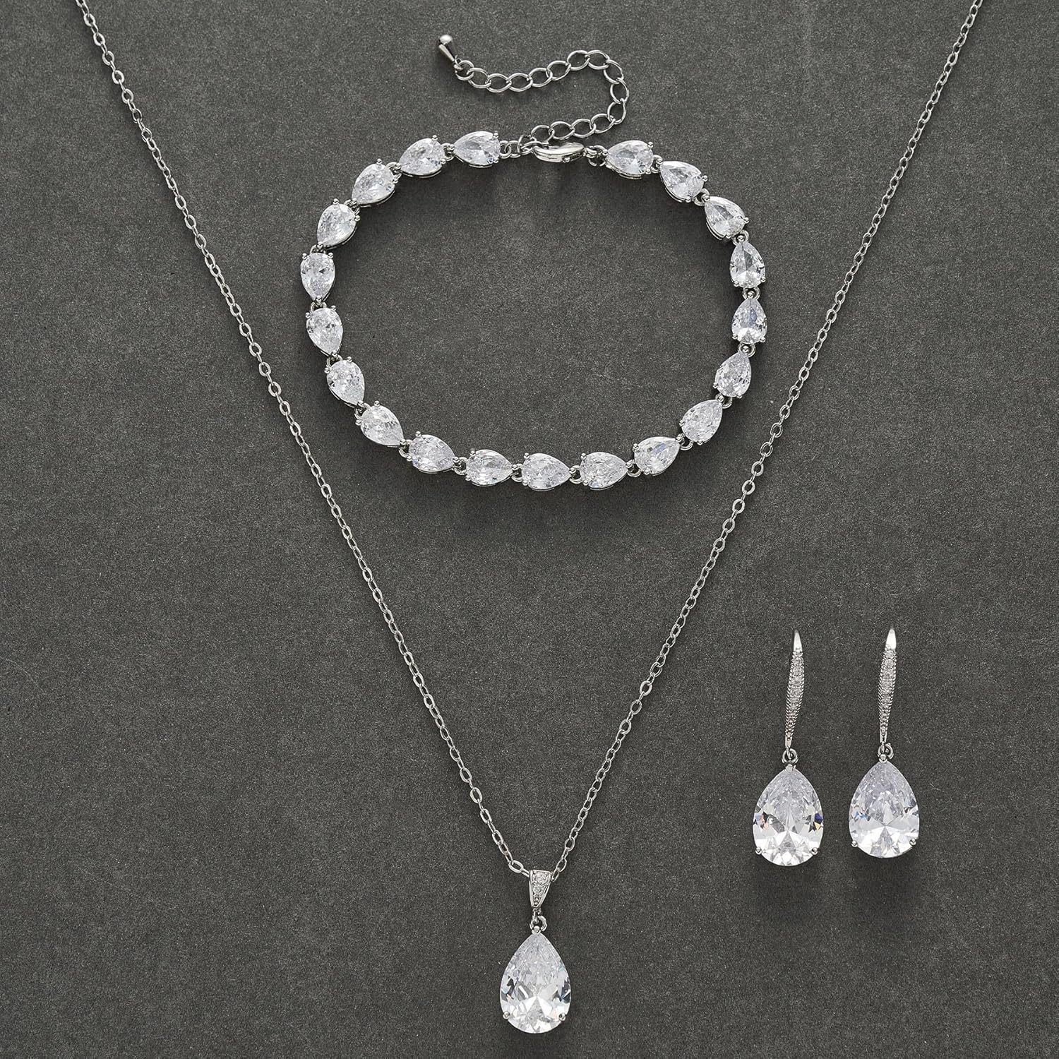 SWEETV Bridal Jewelry Set for Wedding, Cubic Zirconia Necklace Dangle Drop Earrings Bracelet Set, Teardrop Marquise Brides Bridesmaids Wedding Prom Anniversary Jewelry Gifts for Women - Image 6