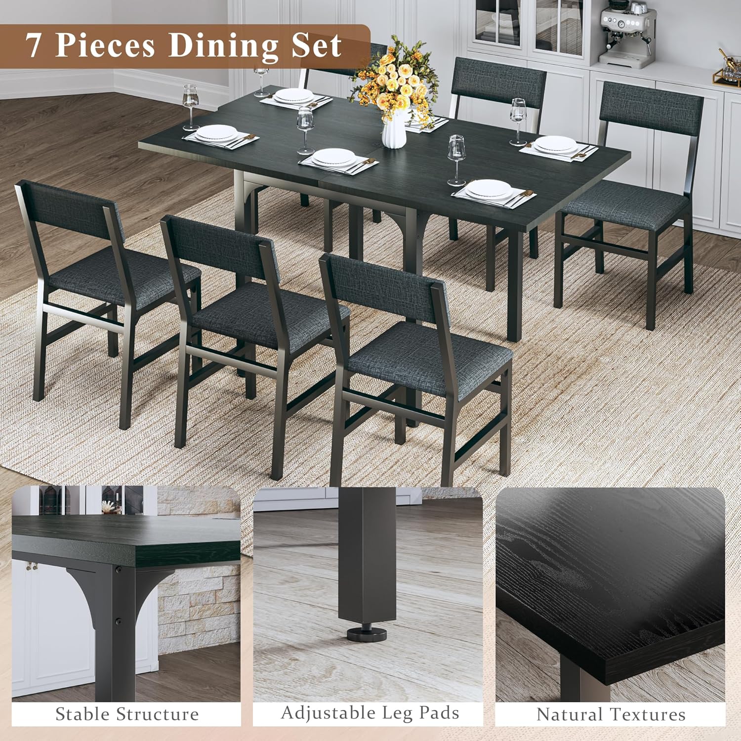 7-Piece Dining Table Set for 4-6, Extendable Kitchen Table Cushion Chairs Set of 6 with 6 Chairs, Rectangle Dining Table with Metal Frame & MDF Board, Folding for Small Apartment Saving Space, Black - Image 8