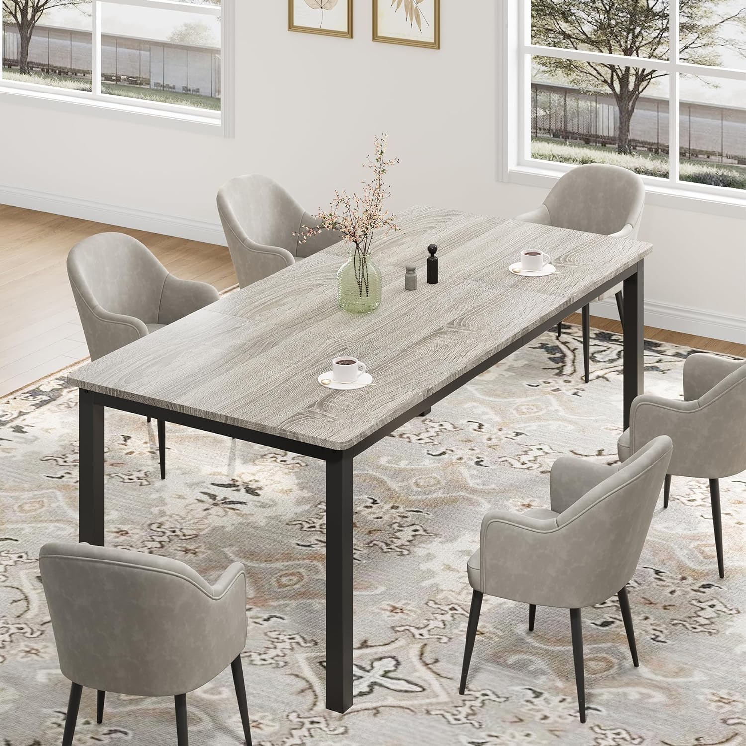 71 Inch Industrial Dining Table, Large Rectangle Kitchen Table with Metal Legs, Round Corners, Wooden Conference Tables Writing Desk for Dining Room, Living Room, Rustic Grey - Image 3