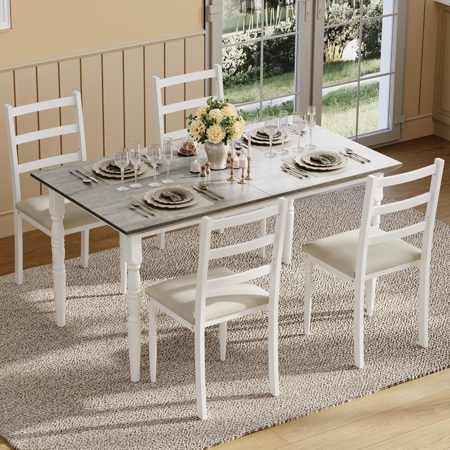 DWVO 5 Piece Dining Table Set with Upholstered Chairs Kitchen Table and Chairs for 4 People Rectangular Modern Dinner Table Set with Roman Column Style for Dining Room Kitchen Small Spaces Grey - Image 7