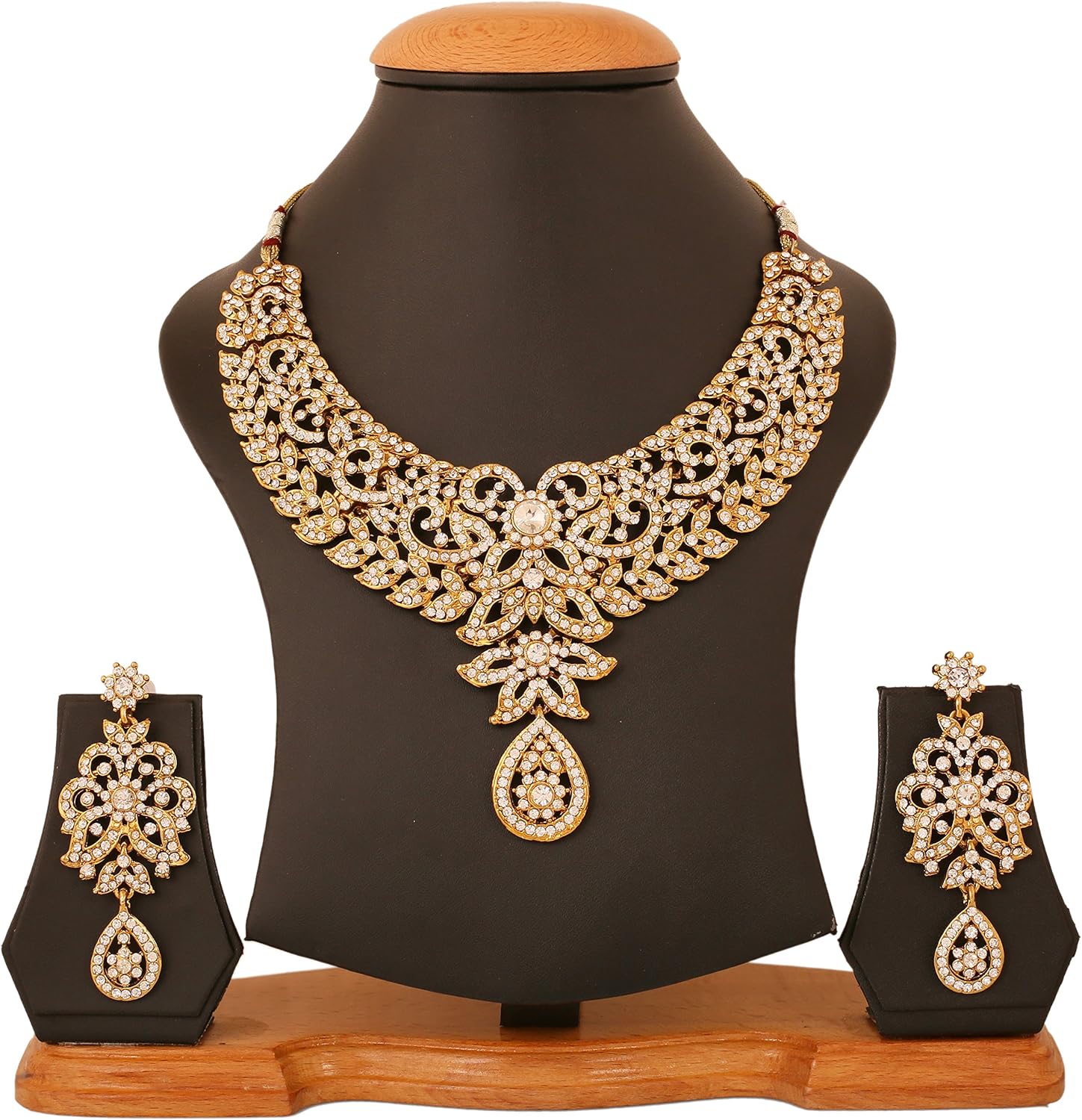 Touchstone Hollywood Glamour Pretty Filigree Paisley Motif Rhinestones Studded Diamond Look Designer Bridal Jewelry Hasli Necklace Set For Women In Antique Gold or White or Silver Tone. - Image 2