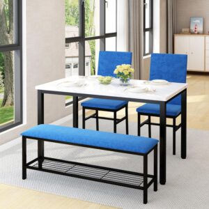 4-Piece Dining Table Set for 4, 47.24-Inch Kitchen Table with Upholstered Velvet Bench & Chairs, Space-Saving Modern Faux Marble Dining Room Table Set for Small Spaces (Blue)