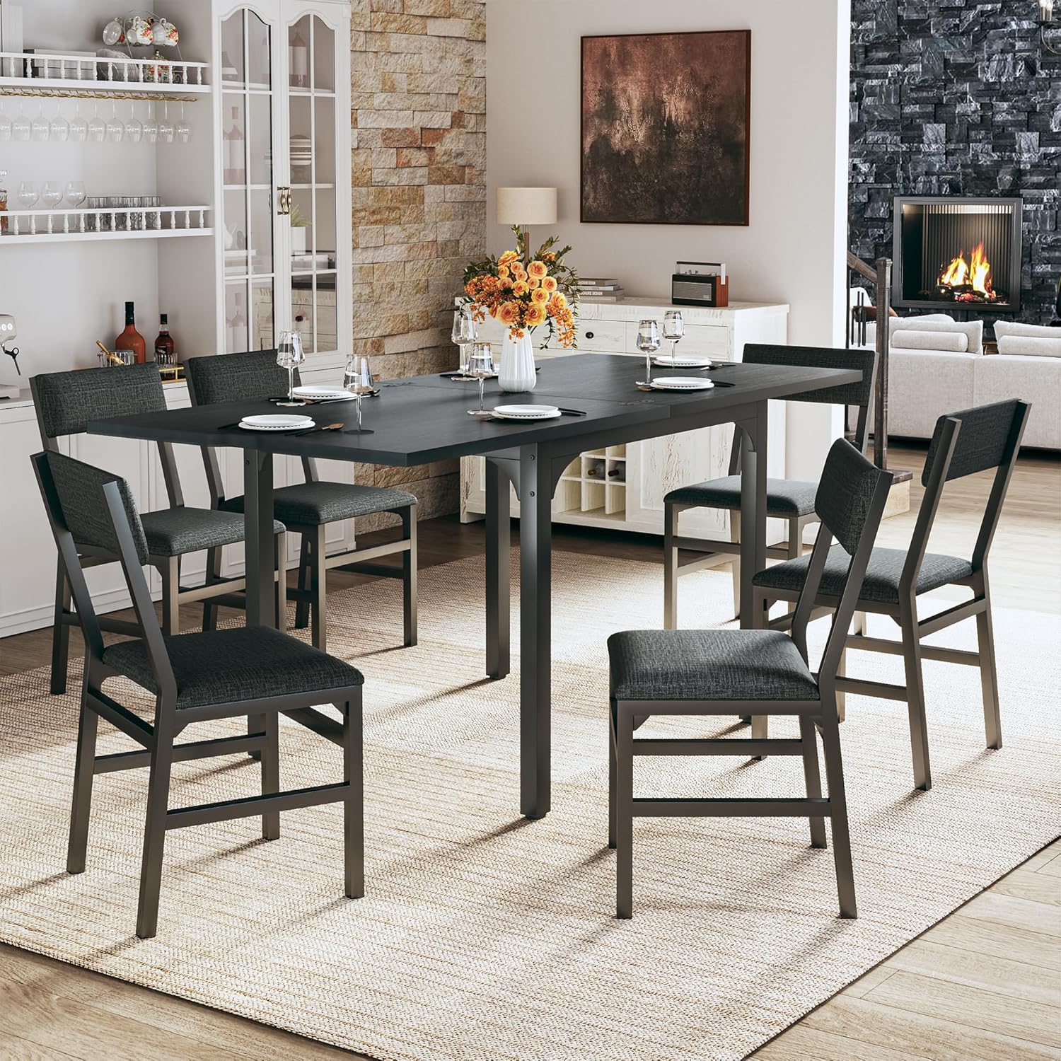 7-Piece Dining Table Set for 4-6, Extendable Kitchen Table Cushion Chairs Set of 6 with 6 Chairs, Rectangle Dining Table with Metal Frame & MDF Board, Folding for Small Apartment Saving Space, Black - Image 9
