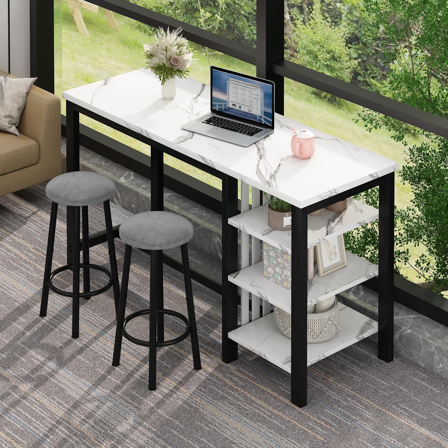 Lamerge Kitchen Furniture Bar Height Table and Chairs for 2 People, 4-Tier Compact Dining Room Table, White Faux Marble Top and 2 Grey Velvet Upholstered Seat, Modern Dining Set for Home/Studio/Office - Image 6