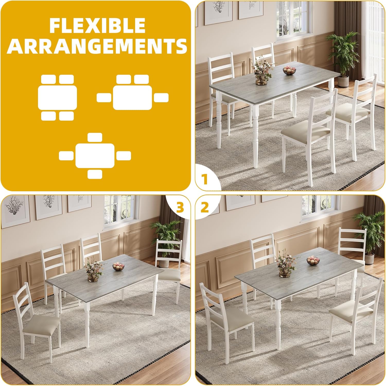 DWVO 5 Piece Dining Table Set with Upholstered Chairs Kitchen Table and Chairs for 4 People Rectangular Modern Dinner Table Set with Roman Column Style for Dining Room Kitchen Small Spaces Grey - Image 5