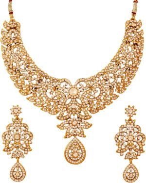 Touchstone Hollywood Glamour Pretty Filigree Paisley Motif Rhinestones Studded Diamond Look Designer Bridal Jewelry Hasli Necklace Set For Women In Antique Gold or White or Silver Tone.