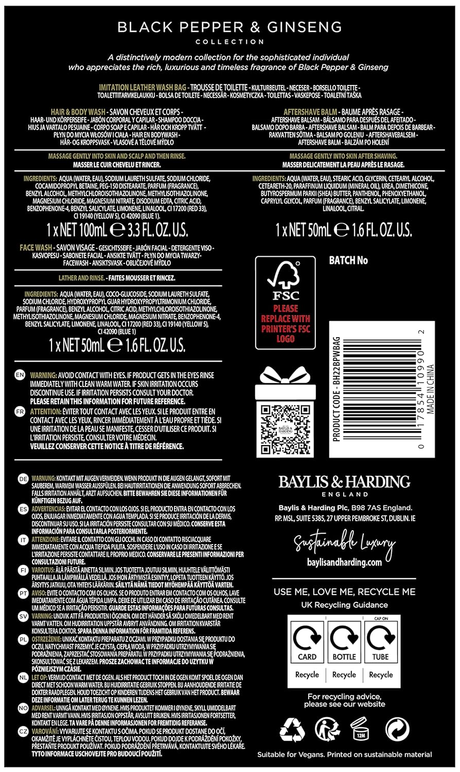 Baylis & Harding Gift Set for Men - Luxury Wash Bag - Black Pepper & Ginseng Men's Present -3-Pack - Image 7