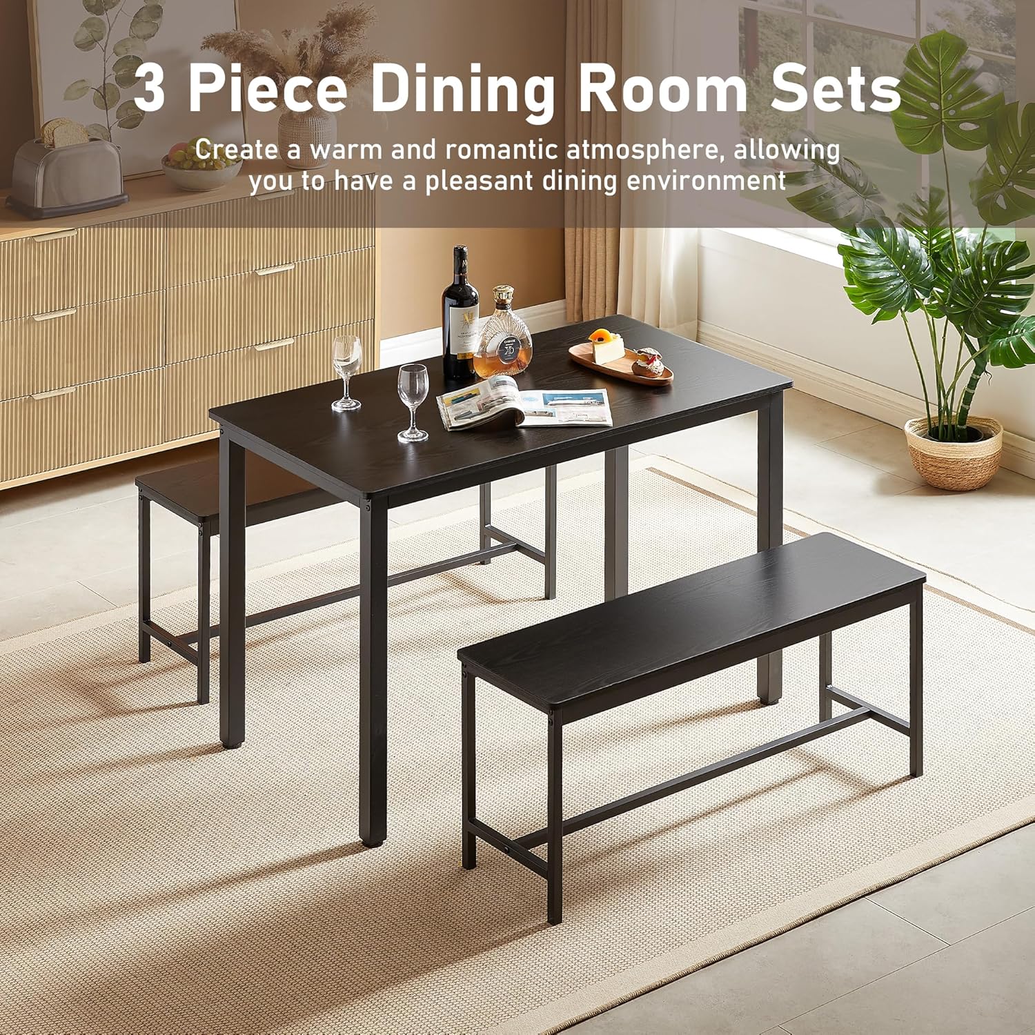 Dining Table Set for 4, Kitchen Dining Chairs Set with 2 Benches, 43.5 Inch Small Kitchen Dining Room Table and Chairs Set for 3-Piece Breakfast Nook and Small Space, Black - Image 3