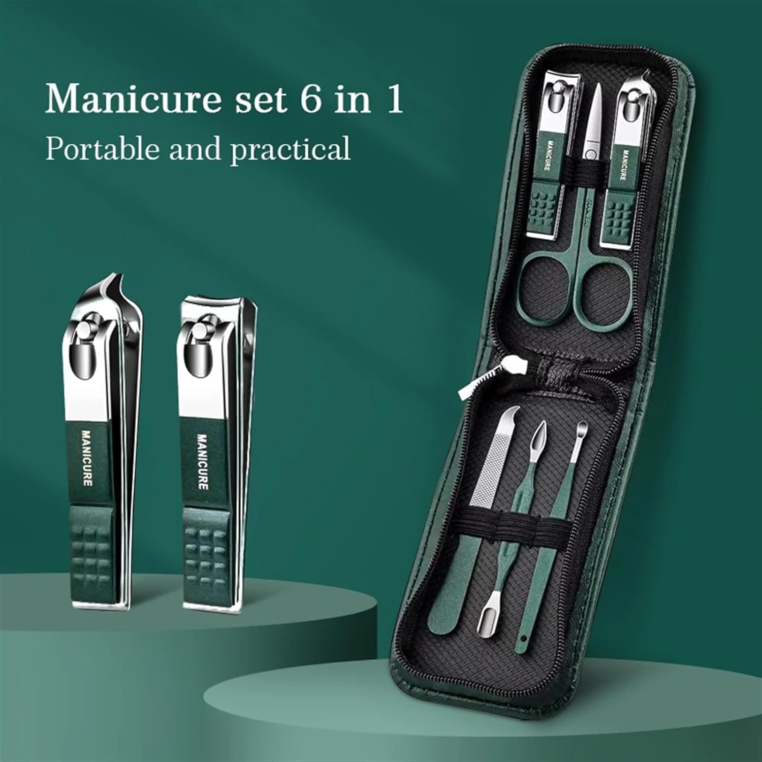 Nail Clippers Kit 6 Pcs Portable Luxury Manicure Sets Pedicure Tools Bright Black Nail Clipper Set Personal Care Tools Eyebrow Scissors Manicure Pedicure Kit(Green) - Image 3