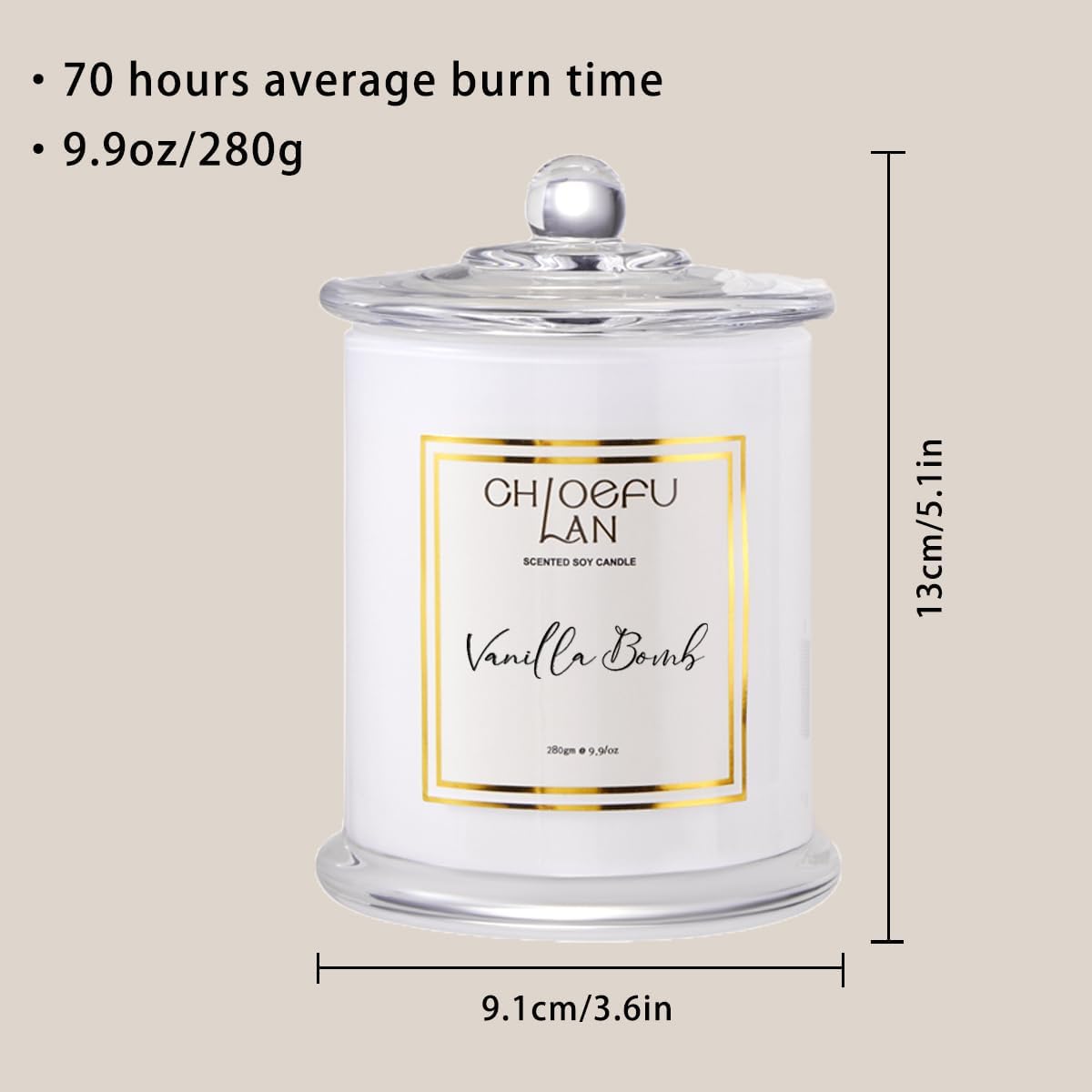 Chloefu LAN Vanilla Bomb Candle, Vanilla Scented Candles Gifts for Mothers Day, Gifts for Women & Men, Luxury Jar Candles, 70 Hours Long Burning, Natural Soy Candles for Home Scented, 10oz - Image 2