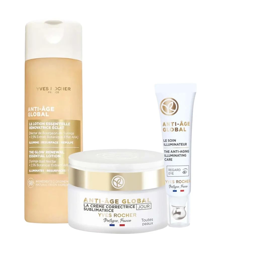 Yves Rocher Anti-Age Global Face Shine Lotion Moisturising Skin Hydration Day Care Eye and Face Cream Set of 3-122ml / 4.1 flOz and 15 ml./0.5 fl.oz. and 50 ml./1.7 fl.oz.