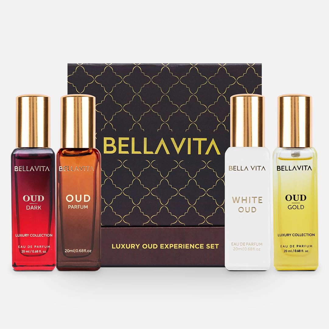 BellaVita Luxury OUD Experience Gift Set (4x20ml) – Premium Arabic Unisex Perfumes | Includes Gold, Dark & White OUD | Notes of Caramel, Orris, Vetiver & Citrus