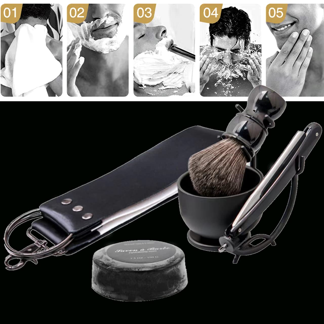 Luxury Men's Shaving Kit Gift Set, DanNuo Barber Straight Razor with Stand Shaving Brush Dual-Layer Leather Razor Strop Bowl Soap 6pcs Shaving Set for Men - Image 8