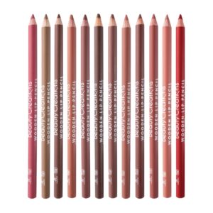 12 Colors Wooden Lip Liner Pencil Set, High Pigmented Soft Matte, Long Wearing, Deep and Rich in Color, Smudge Resistant