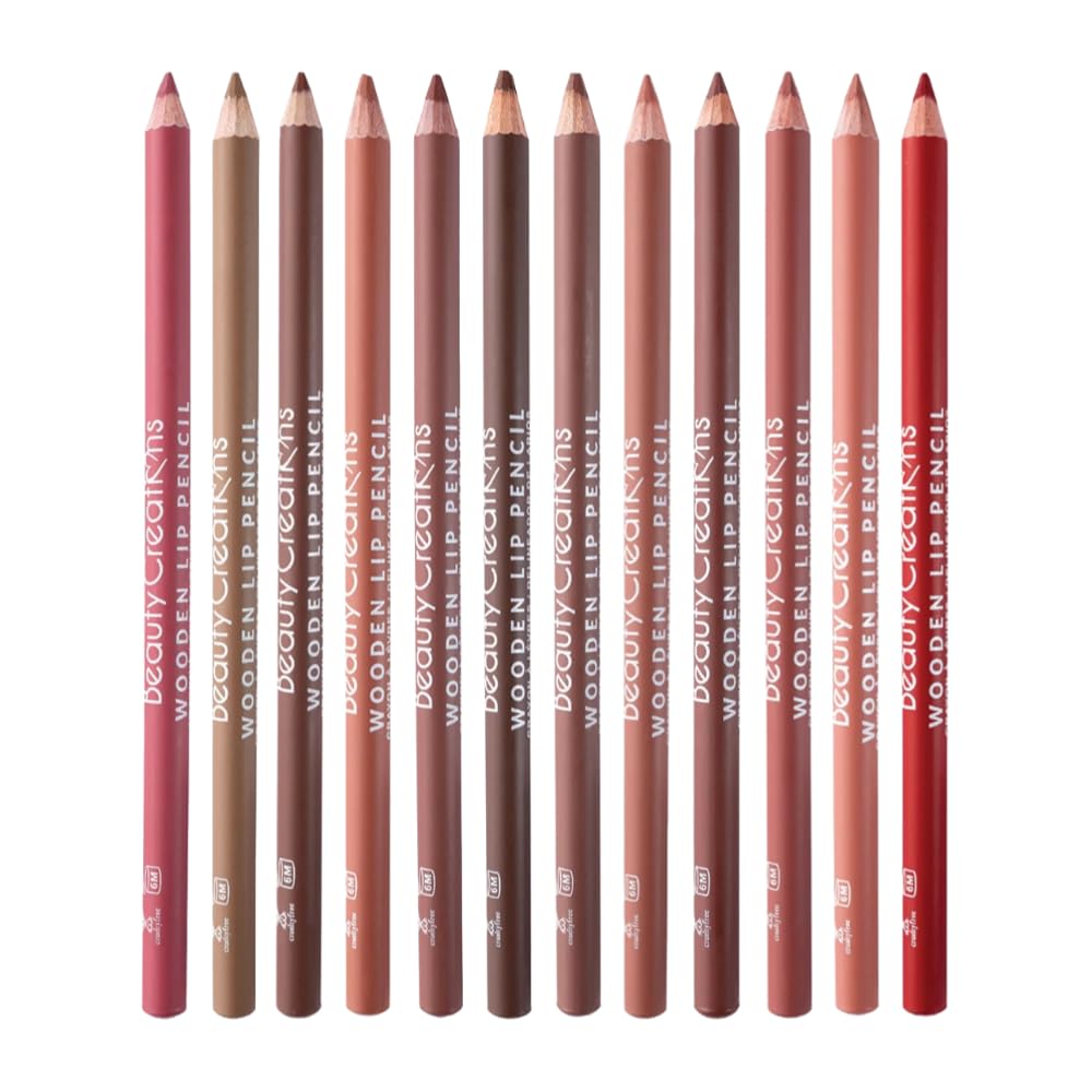 12 Colors Wooden Lip Liner Pencil Set, High Pigmented Soft Matte, Long Wearing, Deep and Rich in Color, Smudge Resistant