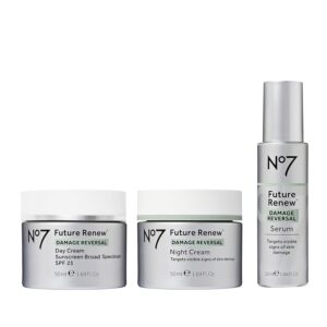 No7 Future Renew Damage Reversal Skincare Set – Anti Aging Face Serum (.33 Fl Oz), Day Cream with SPF 25 (1.69 Fl Oz) & Night Cream (1.69 Fl Oz) – Reverses Visible Signs of Sun Damage – 3-Piece Set