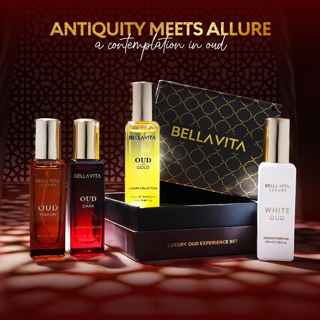 BellaVita Luxury OUD Experience Gift Set (4x20ml) – Premium Arabic Unisex Perfumes | Includes Gold, Dark & White OUD | Notes of Caramel, Orris, Vetiver & Citrus - Image 2