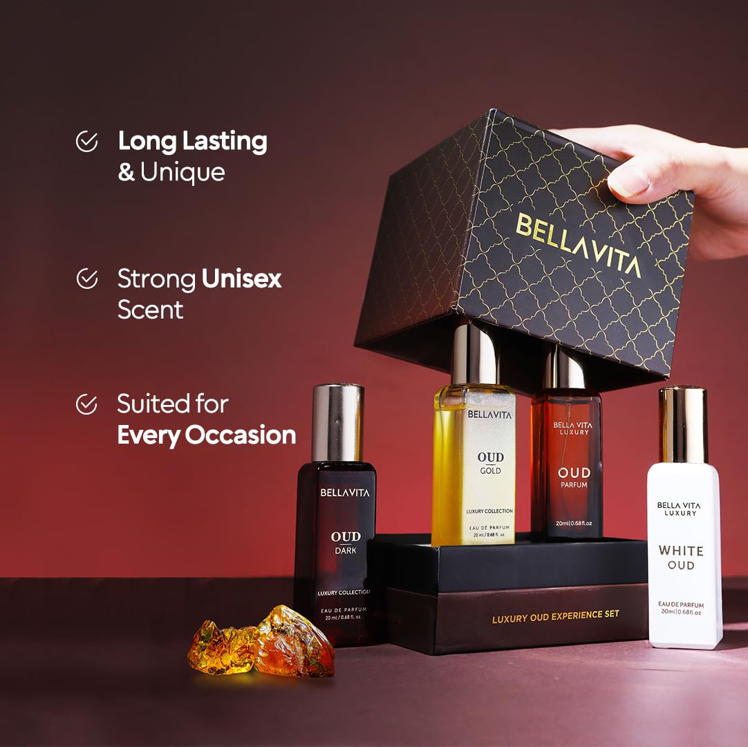 BellaVita Luxury OUD Experience Gift Set (4x20ml) – Premium Arabic Unisex Perfumes | Includes Gold, Dark & White OUD | Notes of Caramel, Orris, Vetiver & Citrus - Image 4