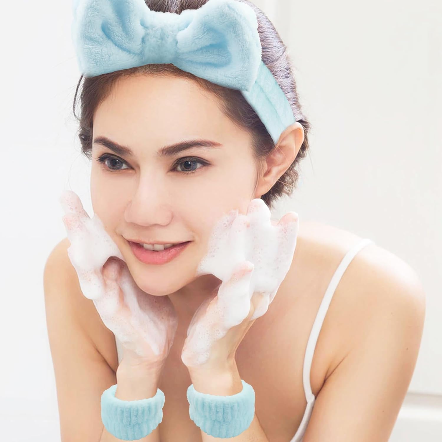 16 Pcs Face Wash Headband Wristband Hair Clips Ponytail Holders Set for Women, Soft Spa Bowknot Headband, Plastic Claw Clips, Elastics Hair Tie for Facial Skincare Makeup (Blue, M) - Image 6