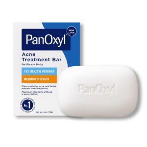 PanOxyl Acne Treatment Bar with 10% Benzoyl Peroxide, Maximum Strength Acne Bar for Face, Chest, and Back, Soap-Free Body Wash, Treats Acne Pimples, Whiteheads, Blackheads, pH Balanced, Vegan, 4 oz
