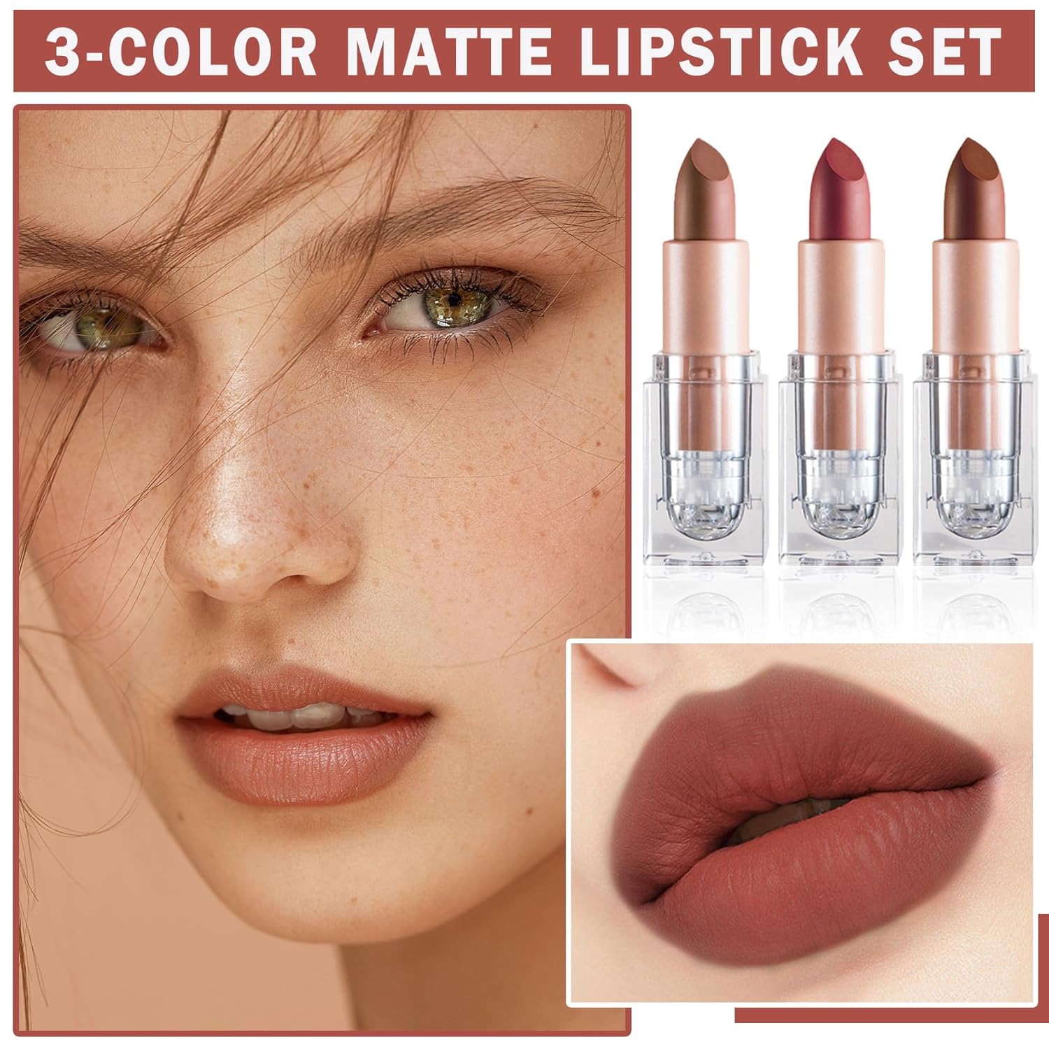 3PCS Matte Nude Lipstick Set Velvet Lip Gloss Non-Fading Non-Sticky Cup Nude Lipstick Matte Lip Stain Long Lasting Waterproof Lipstick for Women Girls Daily Lip Makeup - Set D - Image 2