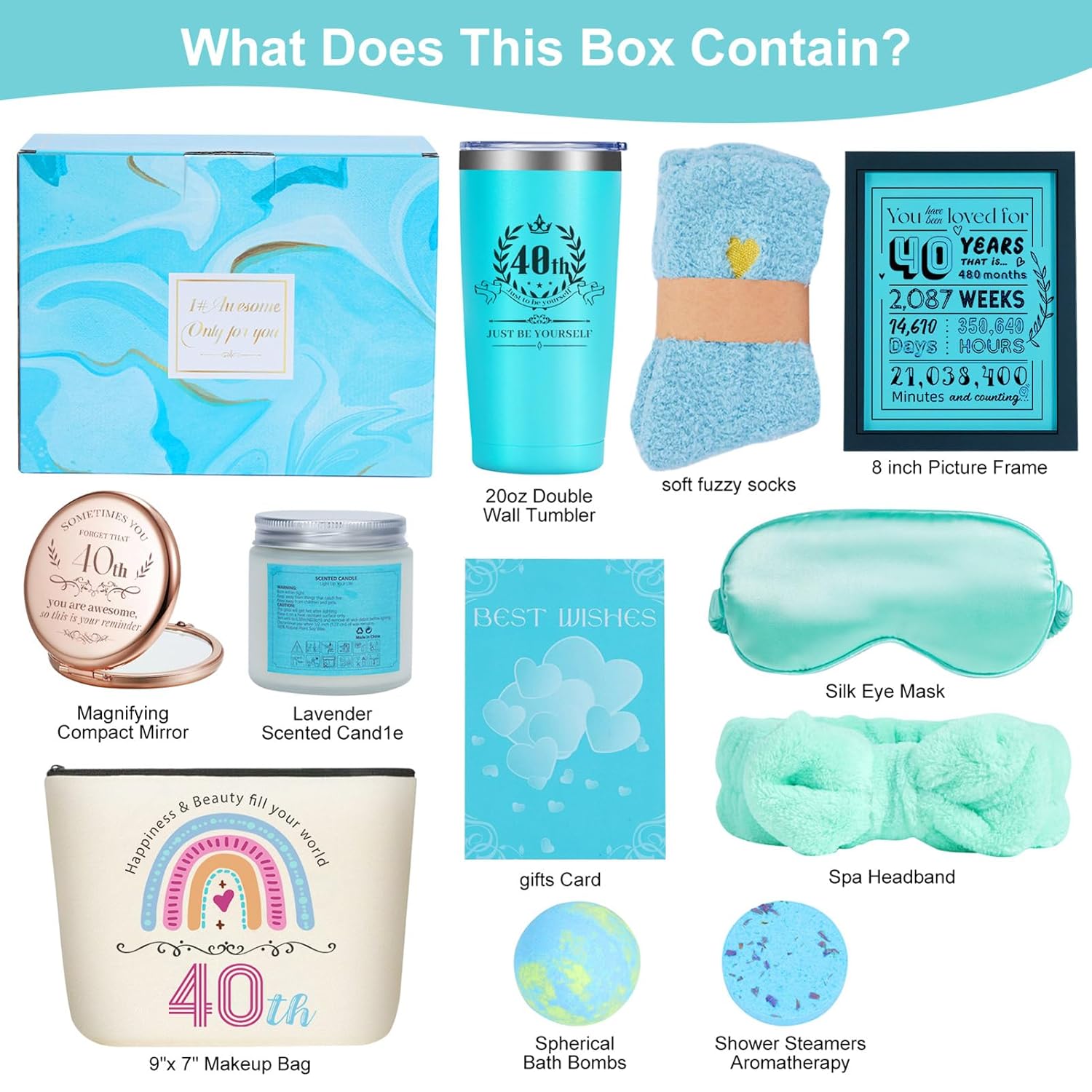 40th Birthday Gifts for Women – Luxury Spa Gift Basket with Tumbler, Candle, Bath Bombs, Socks & More – Self Care Set for Wife, Mom, Sister, Friends – 12 PCS Relaxation Gifts Box - Image 7