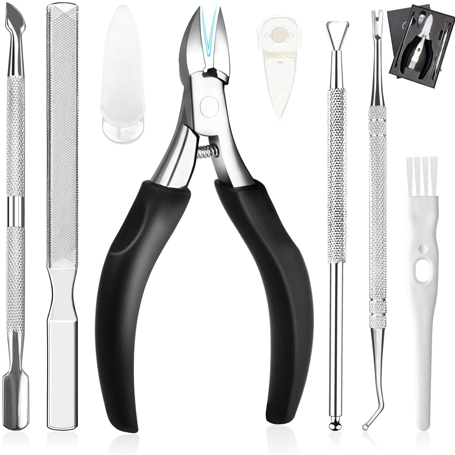 8PCS Toe Nail Clippers for Ingrown or Thick Toenails, Professional Fingernail Remover Trimmer Pedicure Tool Set, Premium Stainless Steel Nail Cuticle Pusher Ingrown Toenail File and Lifter for Seniors