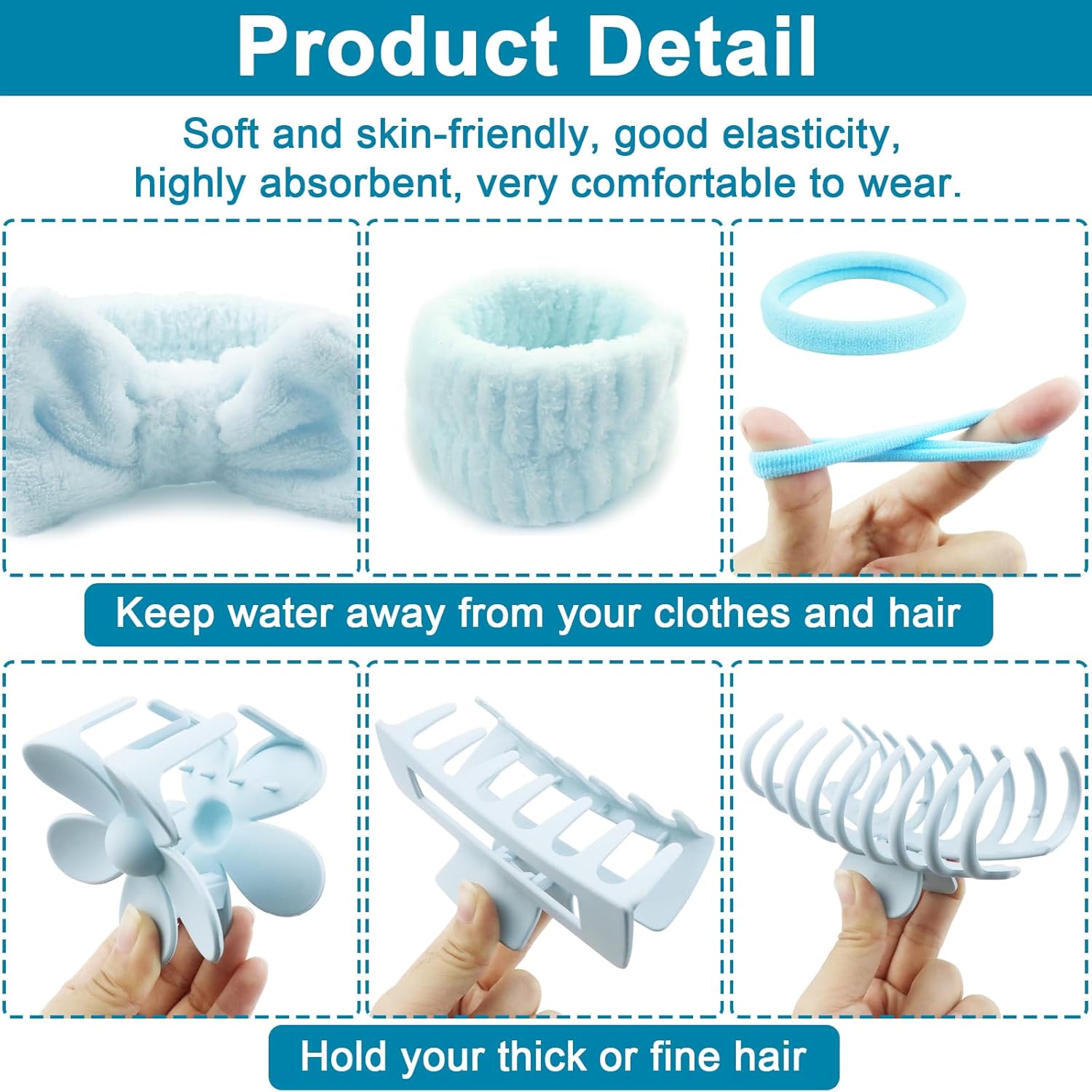 16 Pcs Face Wash Headband Wristband Hair Clips Ponytail Holders Set for Women, Soft Spa Bowknot Headband, Plastic Claw Clips, Elastics Hair Tie for Facial Skincare Makeup (Blue, M) - Image 4