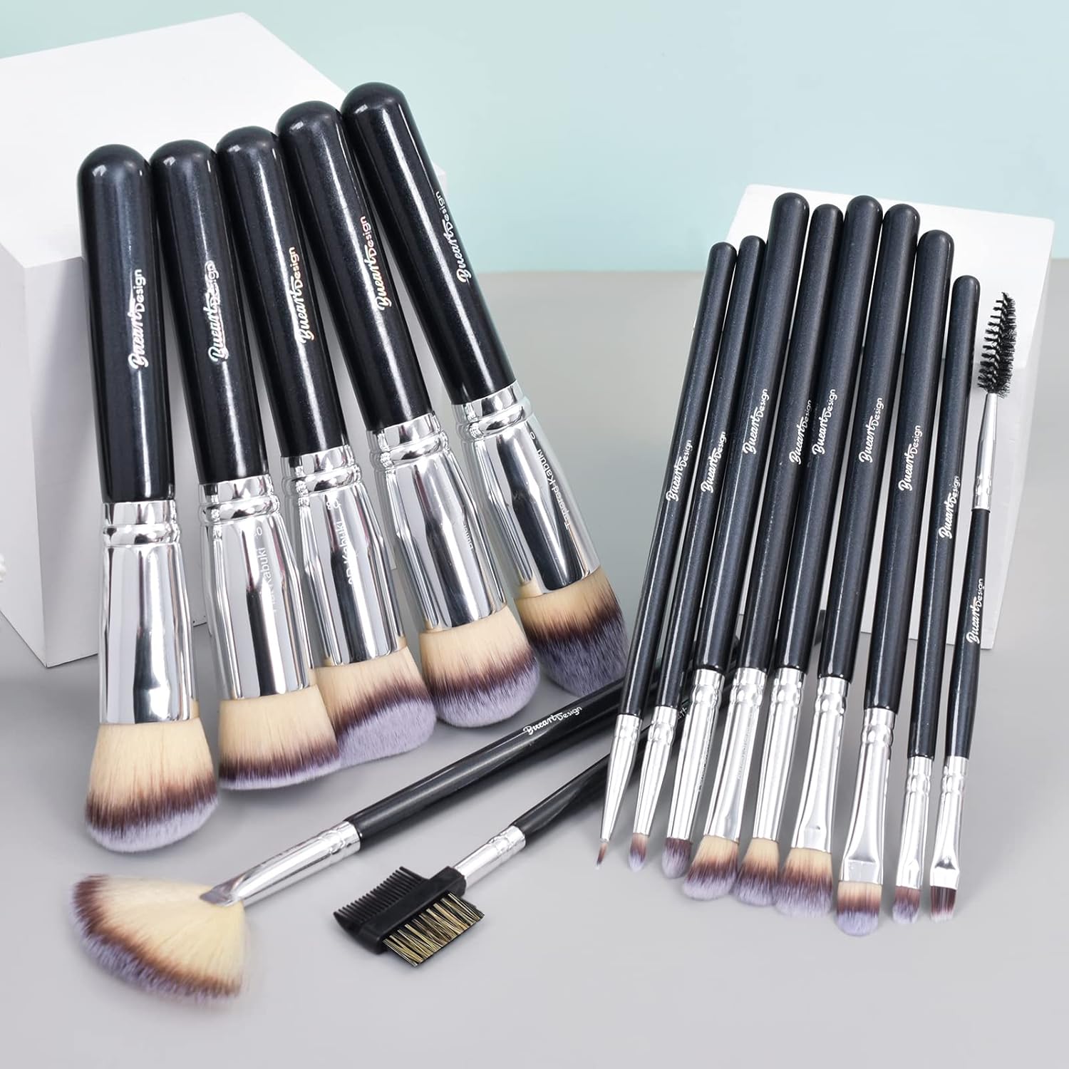 Bueart Design 16Pcs Ultra soft Essential Makeup Brushes set Professional makeup brush set with Premium vegan Hair for Foundation concealer eyeshadow face Contour Blush (16Pcs Pearl Black) - Image 2
