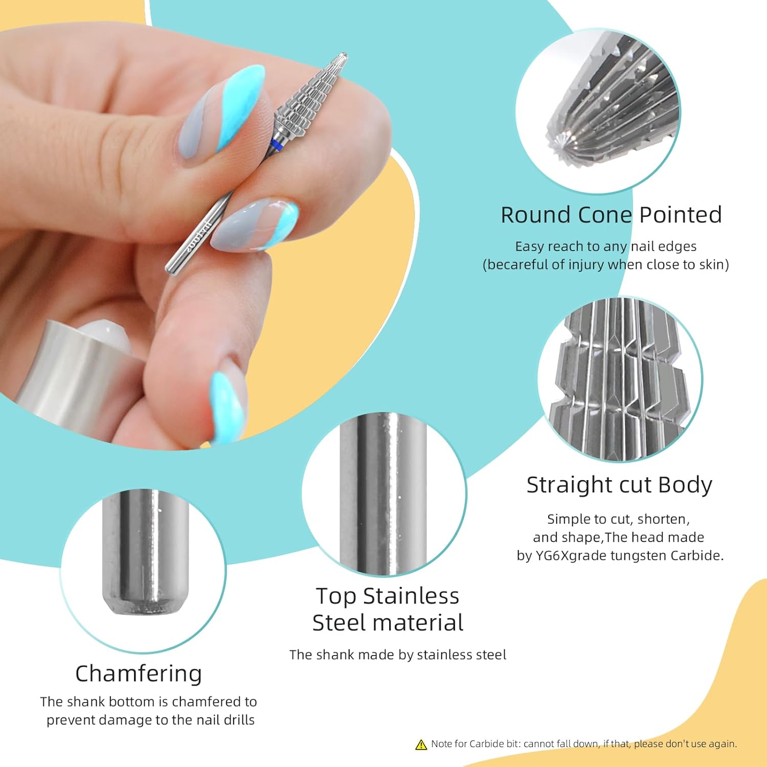 Straight Cut Cone Nail Drill Bits, Professional 15mm Taper Nail Bit, 3/32" 2 Way Carbide Drill Bits for Nails, Gel Polish Manicure Electric Drill Accessories Removal Tools (M) - Image 5