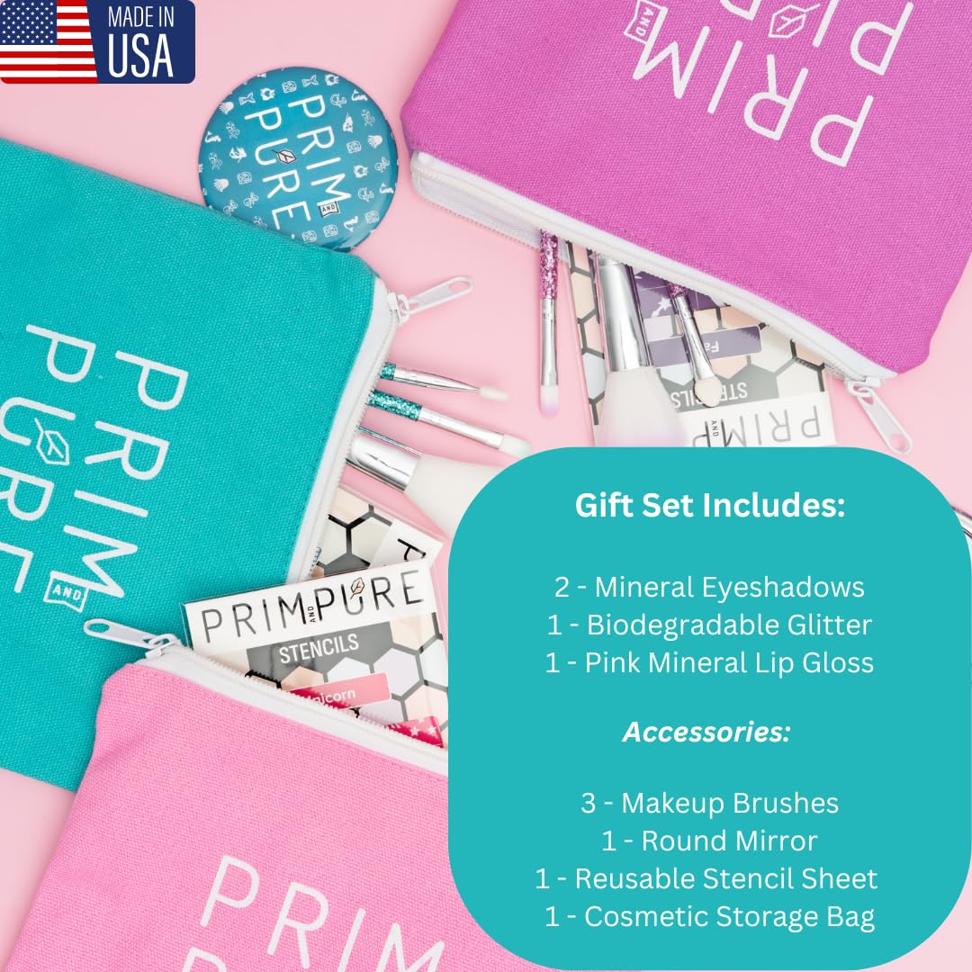 Prim and Pure Kids Makeup Gift Set - Stencil, Makeup Eyeshadow Bioglitter Lip Gloss and Cosmetic Bag Mirror Makeup Brush Accessories (Mermaid Blue) - Image 4