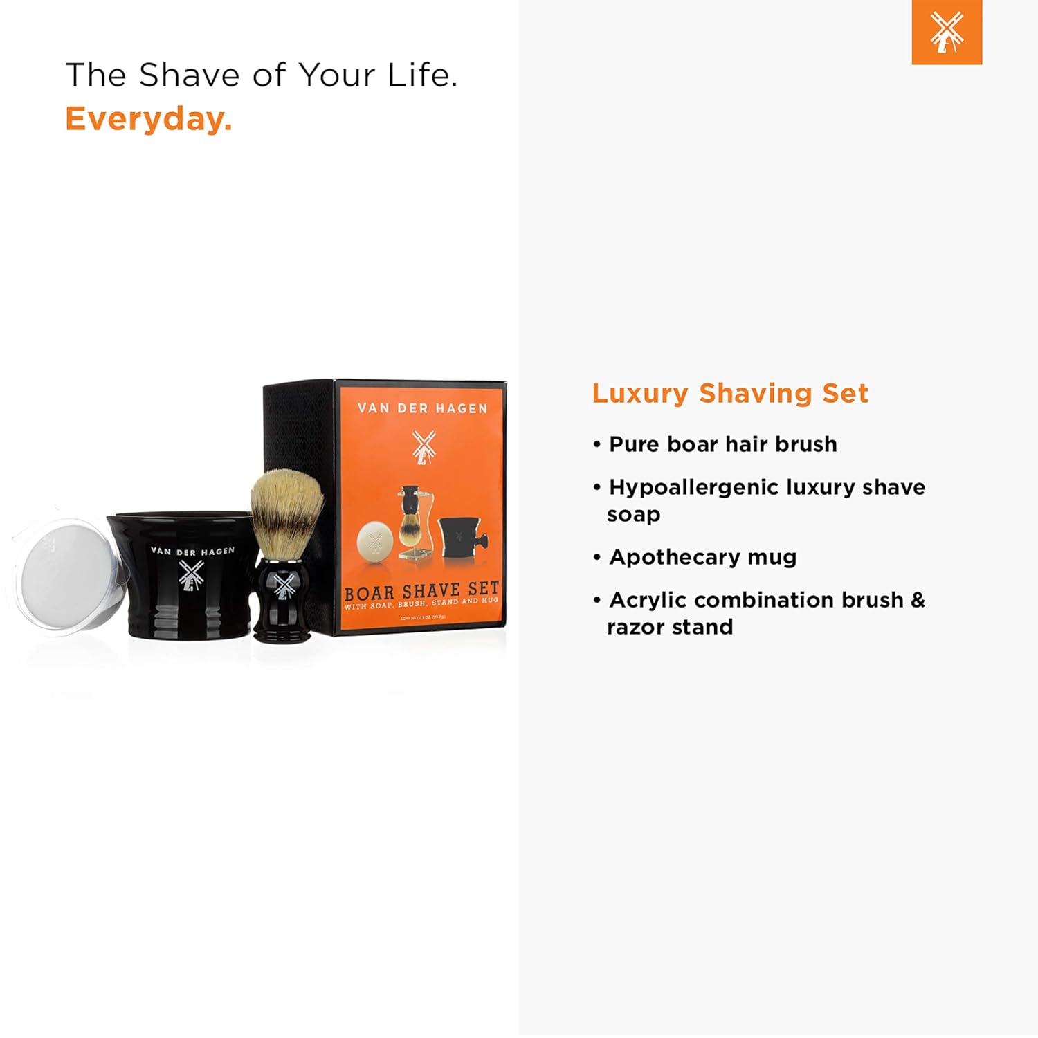 Van Der Hagen® Luxury Shaving Set - Total Men's Wet Shaving Kit w/Boar Bristle Brush, Scented Luxury Soap, Stand and Apothecary Mug - Image 3