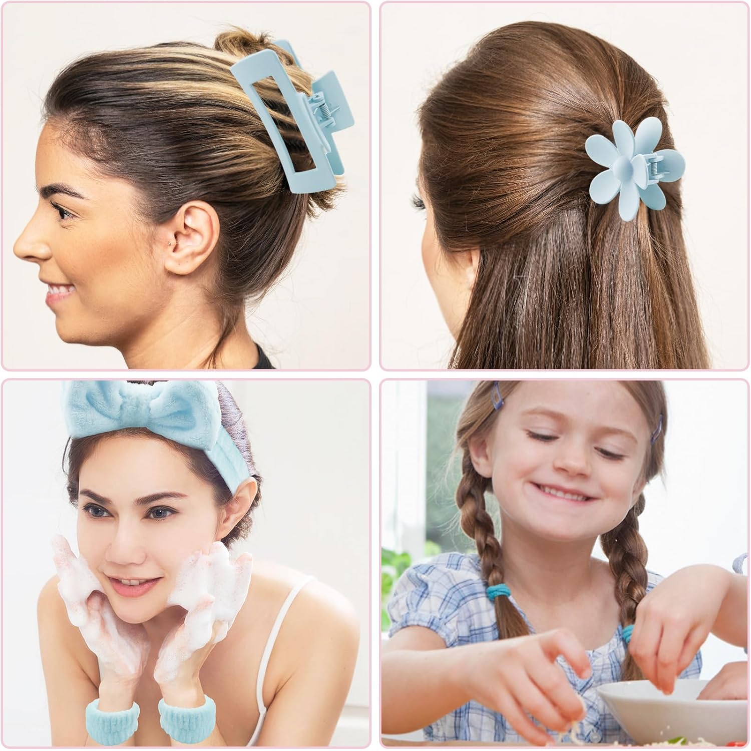 16 Pcs Face Wash Headband Wristband Hair Clips Ponytail Holders Set for Women, Soft Spa Bowknot Headband, Plastic Claw Clips, Elastics Hair Tie for Facial Skincare Makeup (Blue, M) - Image 5