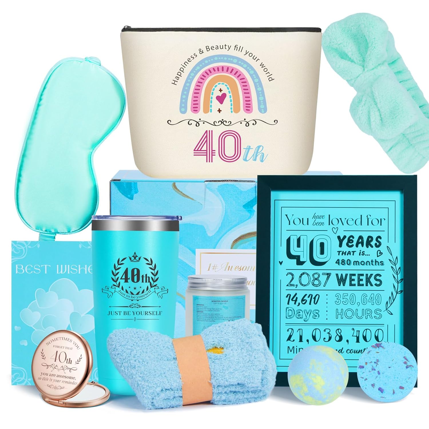 40th Birthday Gifts for Women – Luxury Spa Gift Basket with Tumbler, Candle, Bath Bombs, Socks & More – Self Care Set for Wife, Mom, Sister, Friends – 12 PCS Relaxation Gifts Box