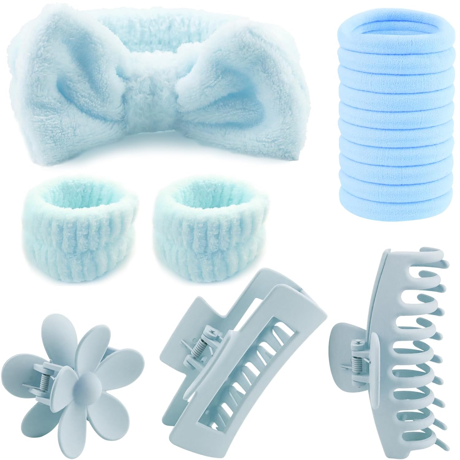 16 Pcs Face Wash Headband Wristband Hair Clips Ponytail Holders Set for Women, Soft Spa Bowknot Headband, Plastic Claw Clips, Elastics Hair Tie for Facial Skincare Makeup (Blue, M)
