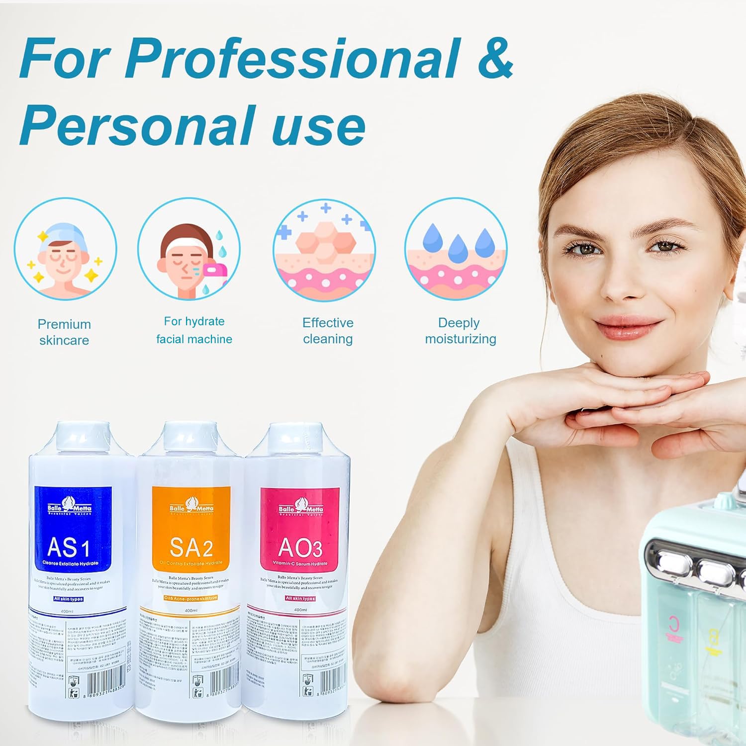 Hydrate Solution for Facial AS1 SA2 AO3 for Hydrogen Oxygen Facial Machine Professional, Aqua Peeling Solution Hydrate Serums for Facial Cleansing, Face Skin Care, Hydrating (400ml/6Pcs) - Image 2