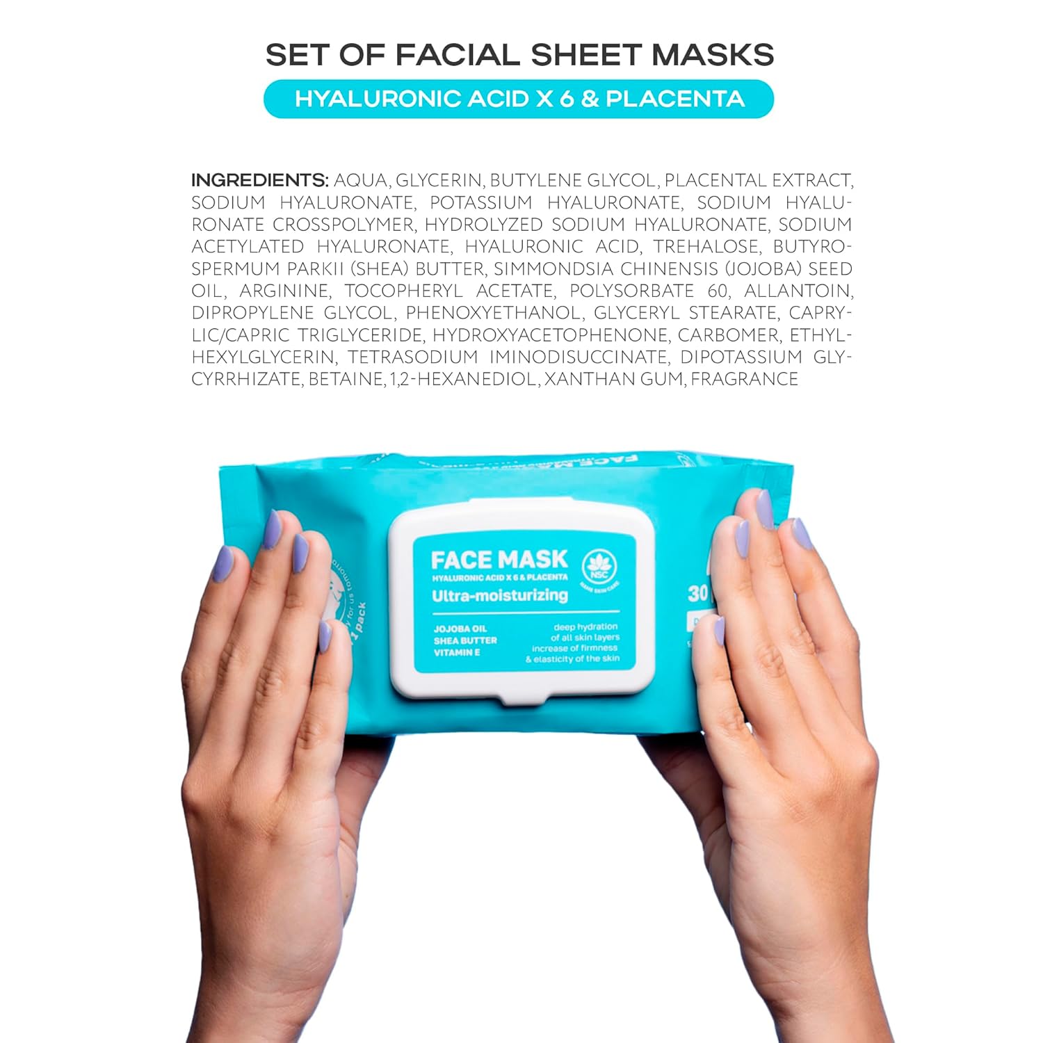 NSC Korean Moisturizing Face Masks with Hyaluronic Acid - 30-Pack Premium Hydrating Sheet Mask Set - Advanced K-Beauty with Shea Butter and Jojoba Oil - Skincare Monthly Supply for All Skin Types - Image 5