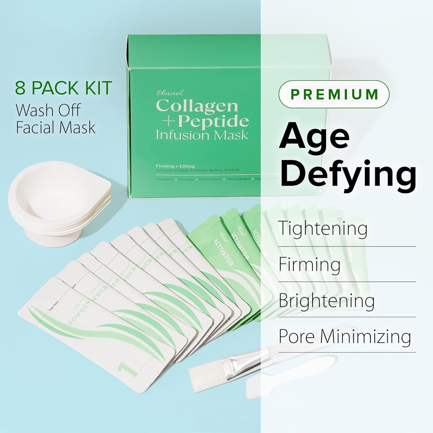 Ebanel Collagen Peptides Wash-Off Face Mask Set, 8 Pack Instant Skin Tightening and Lifting Masks, Brightening Face Mask with Niacinamide, Glutathione, Hyaluronic Acid, Vitamin C, Cica, B5, Albumen - Image 2