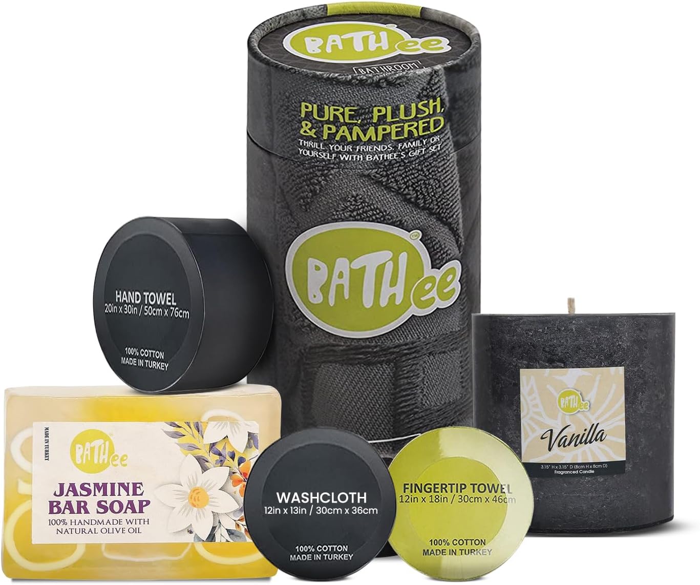 Bathroom Gift Set - Luxury Beauty & Personal Care Bath Kit of 5 - Bath Set Includes 100% Cotton Hand Towel, Fingertip Towel, Wash Cloth, French Vanilla Scented Candle & Jasmine Soap Bar