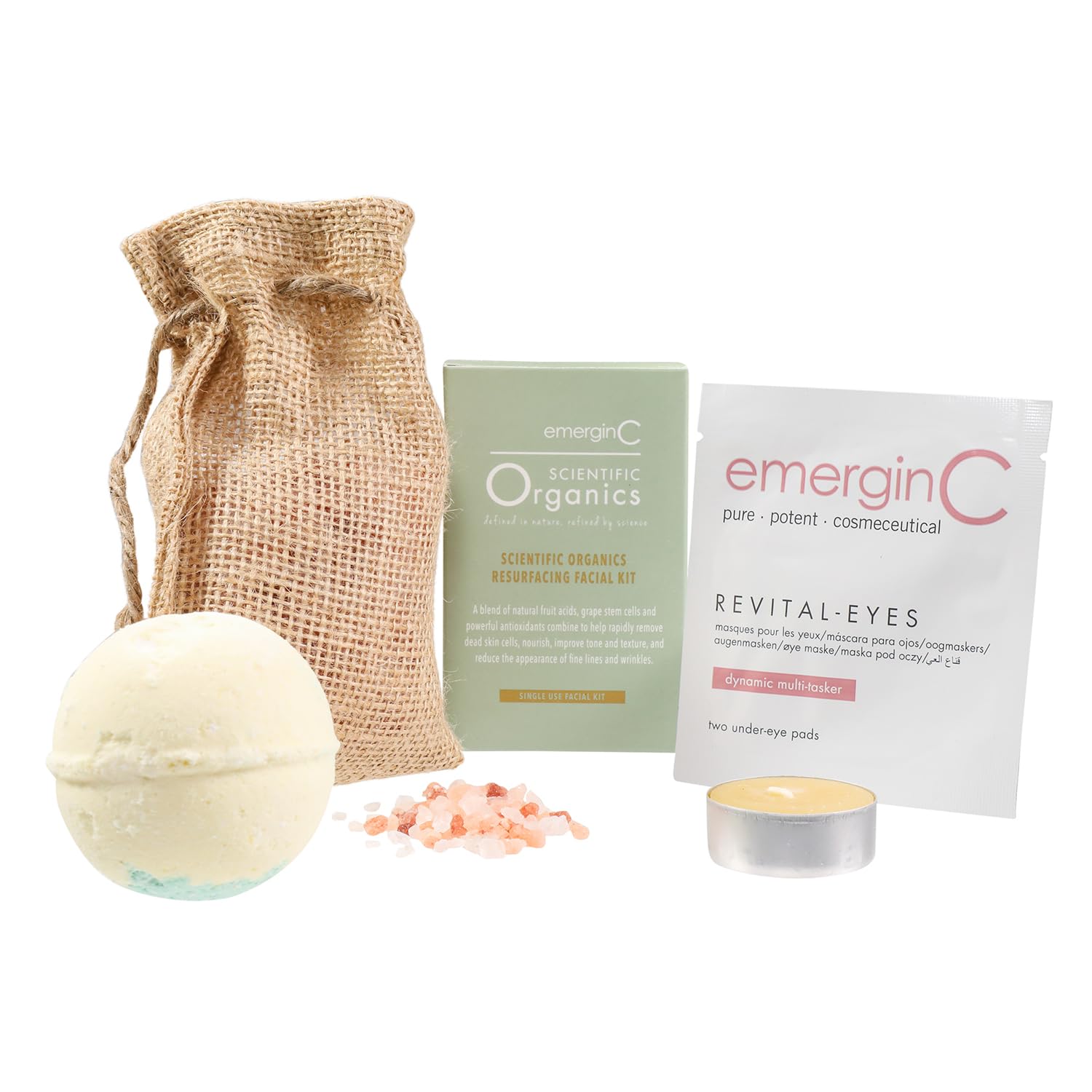 emerginC At-Home Luxury Spa Kit, Scientific Organics - 5-Piece Skincare + Self Care Set - Resurfacing Facial Kit, Revital-Eyes Mask, Essential Oil Bath Bomb, Himalayan Bath Salts + Beeswax Candle