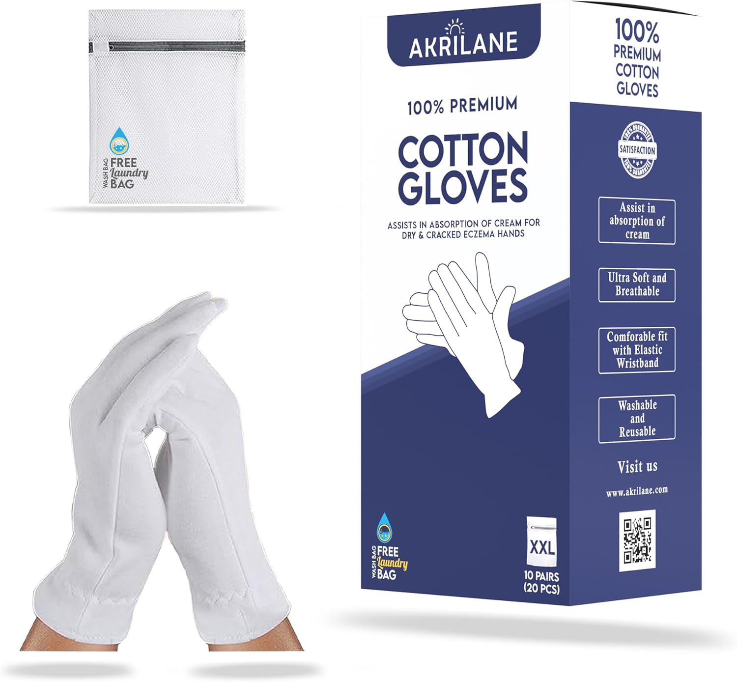 AKRILANE XXL Extra Extra Large 10 Pairs 100% Premium Cotton Gloves for Dry Hands | Moisturizing Overnight Gloves for Eczema, Psoriasis & Skin Spa Treatment for Women & Men | Free Laundry Bag, White