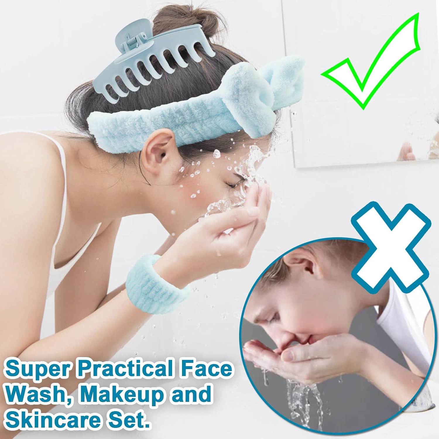 16 Pcs Face Wash Headband Wristband Hair Clips Ponytail Holders Set for Women, Soft Spa Bowknot Headband, Plastic Claw Clips, Elastics Hair Tie for Facial Skincare Makeup (Blue, M) - Image 3