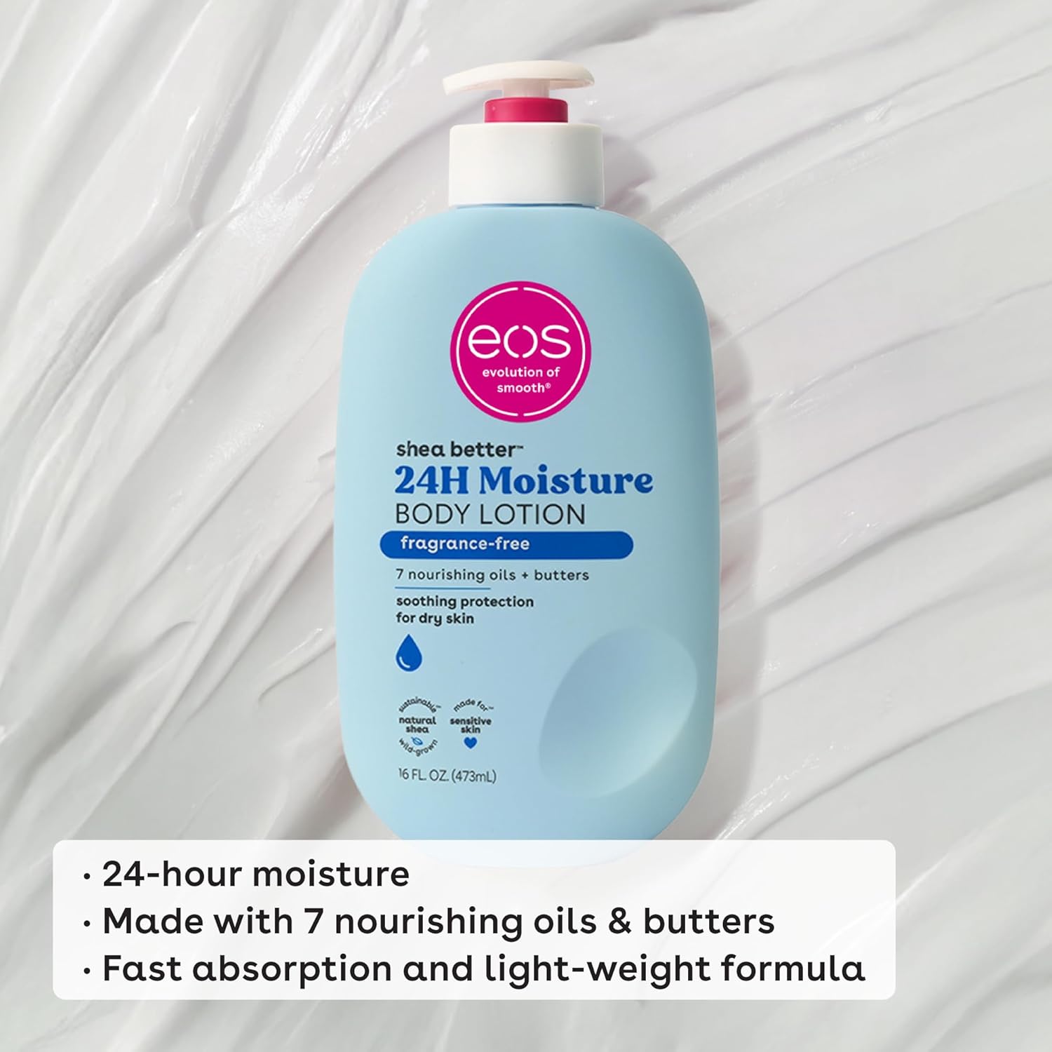 eos Shea Better Body Lotion Fragrance Free, 24-Hour Hydration Skin Care, Lightweight & Non-Greasy, Natural Shea, Vegan, Unscented Body Lotion, 16 fl oz - Image 4