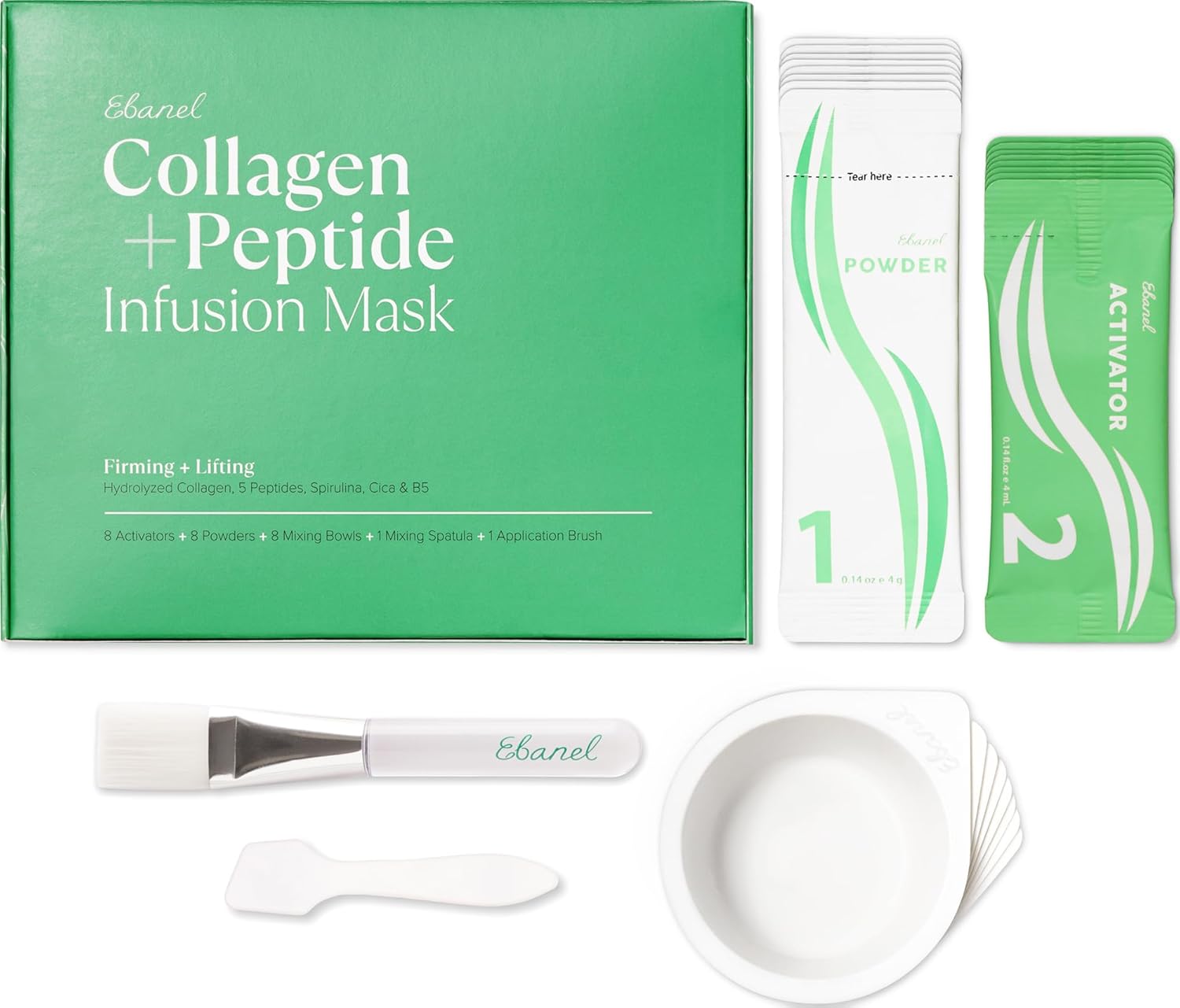 Ebanel Collagen Peptides Wash-Off Face Mask Set, 8 Pack Instant Skin Tightening and Lifting Masks, Brightening Face Mask with Niacinamide, Glutathione, Hyaluronic Acid, Vitamin C, Cica, B5, Albumen